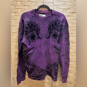 Y2K Ruthless Art Embroidered Velvet Purple Graphic Men's Sweater Grunge Size M